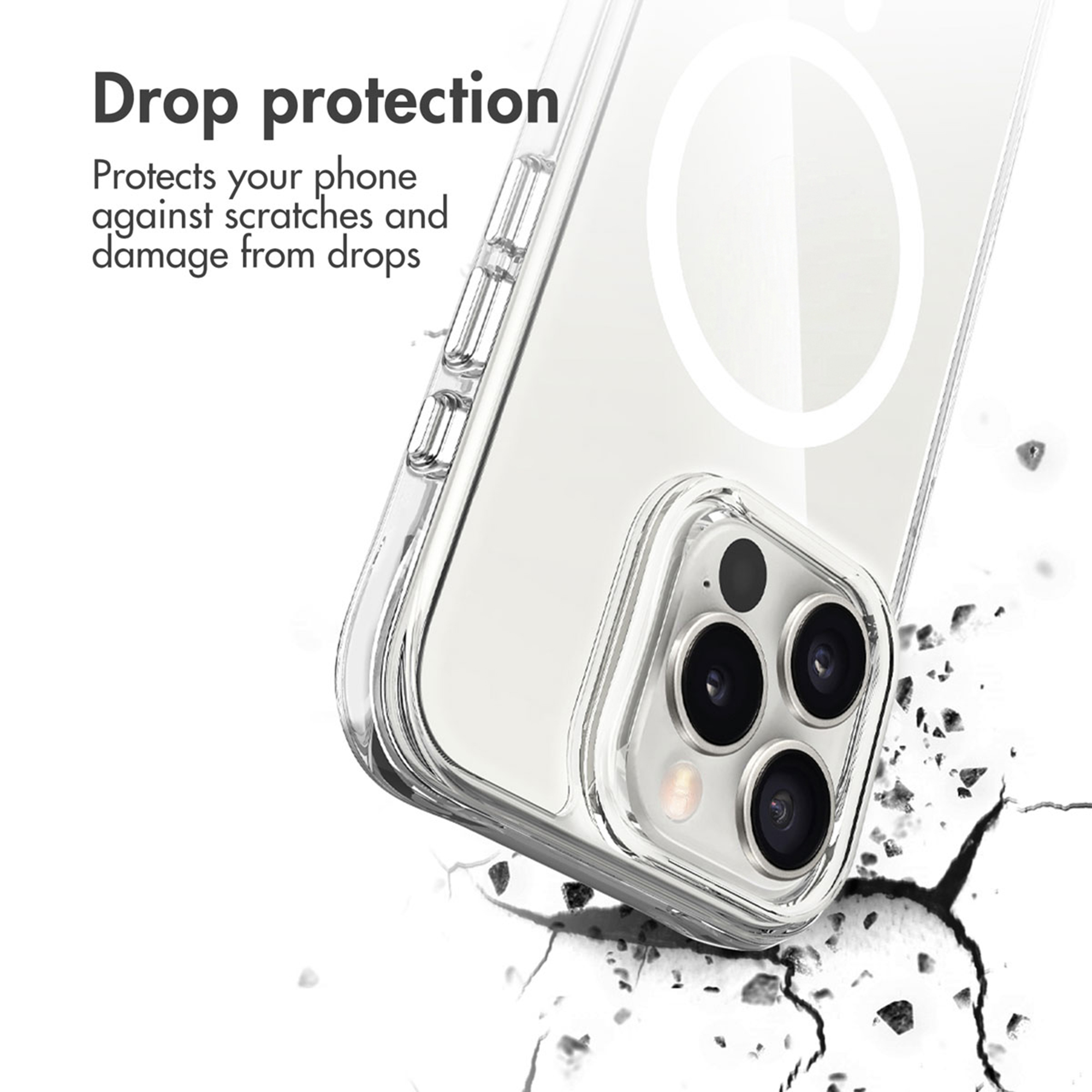 Transparent protective case for a smartphone with triple camera.