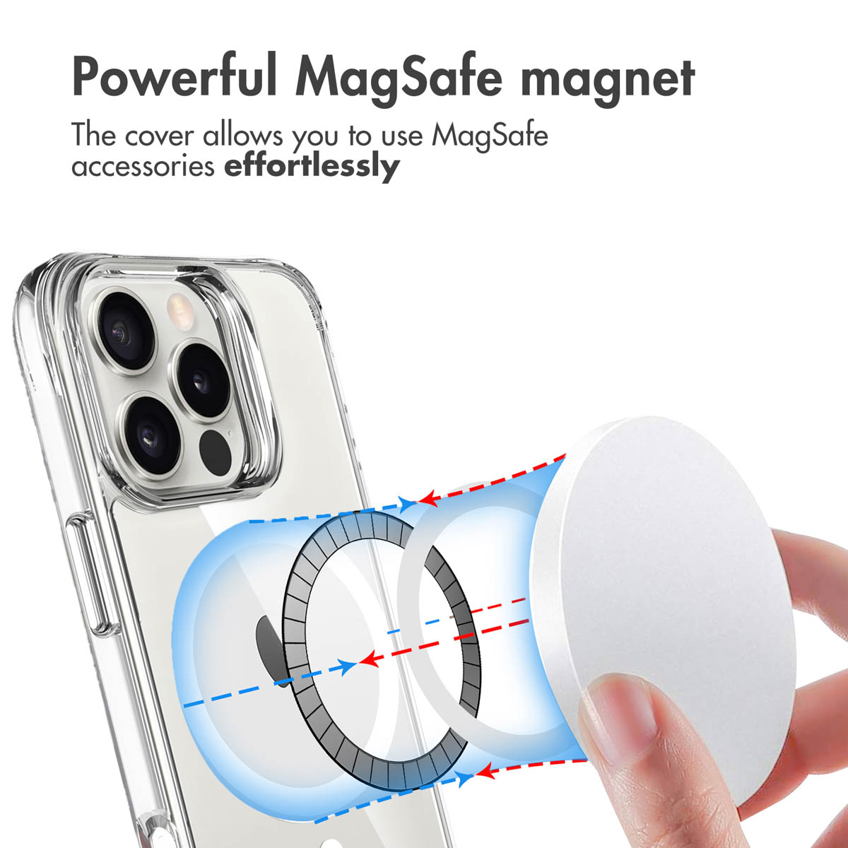 A hand holds a MagSafe charging puck aligning with a clear smartphone case featuring a magnetic ring.