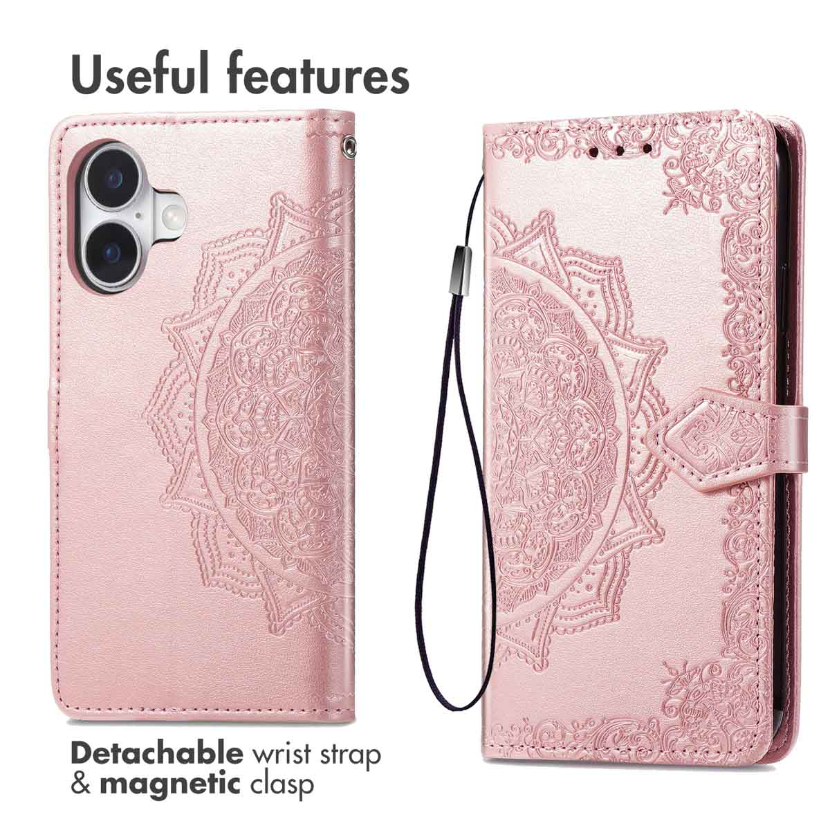 Funda rosa para teléfono con relieve de mándala, correa de muñeca y cierre magnético.