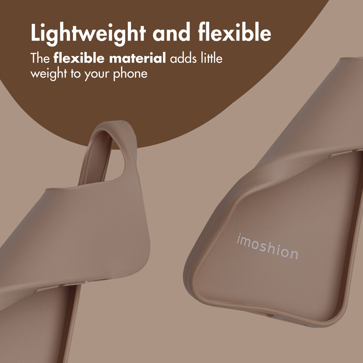 Deux coques de téléphone beiges et souples sur fond marron et beige avec du texte publicitaire blanc.