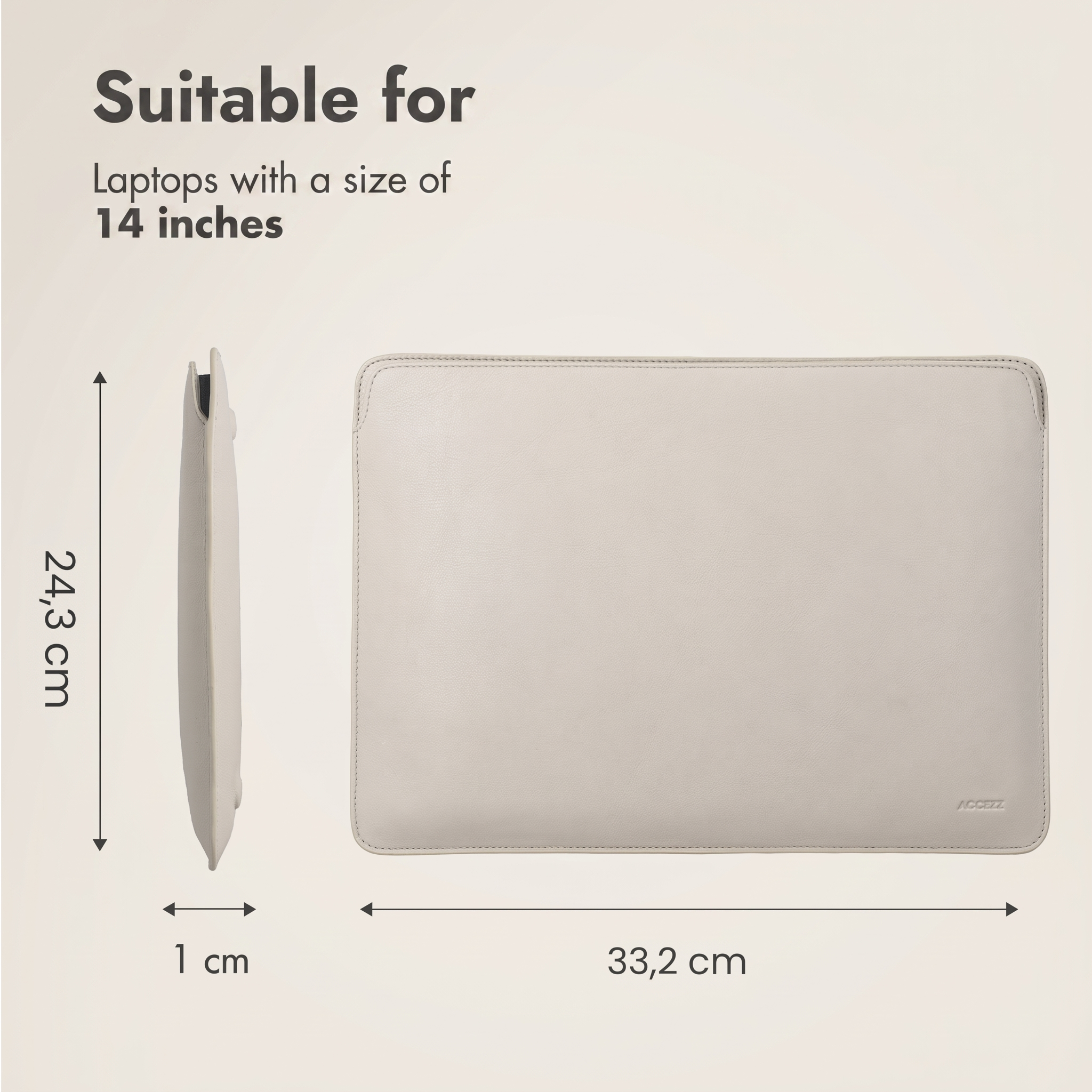 Beigefarbene Laptoptasche mit Maßen von 33,2 x 24,3 x 1 cm für 14-Zoll-Laptops.