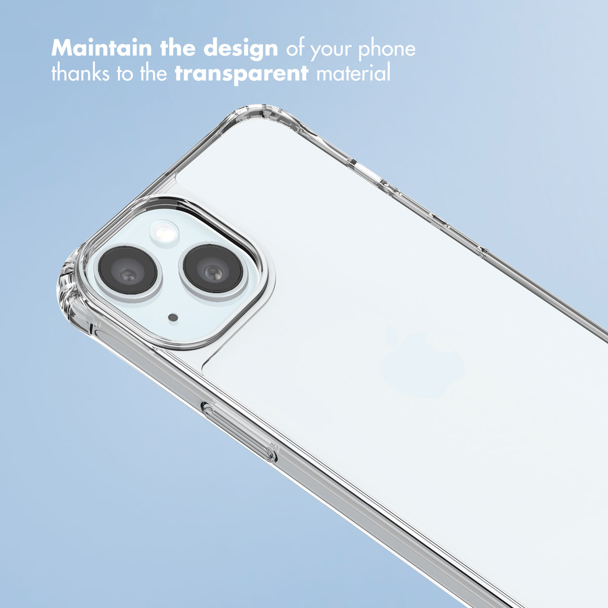 Una custodia trasparente protegge lo smartphone mantenendo visibili il design e il logo Apple.