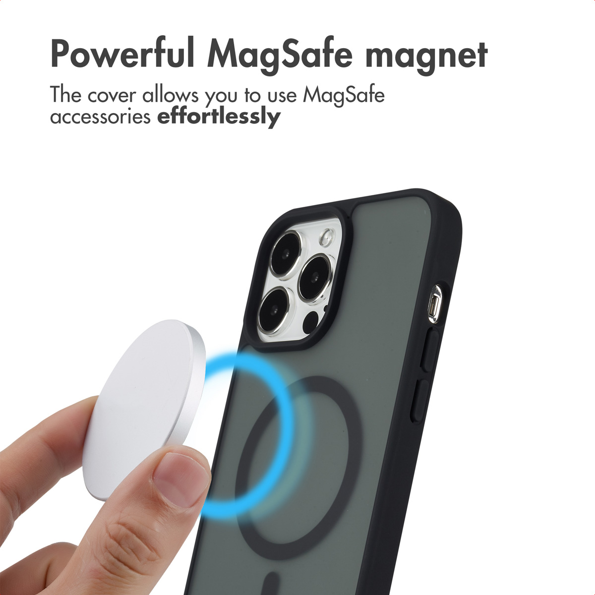 Coque de téléphone avec fonction MagSafe et anneau magnétique sur fond blanc.