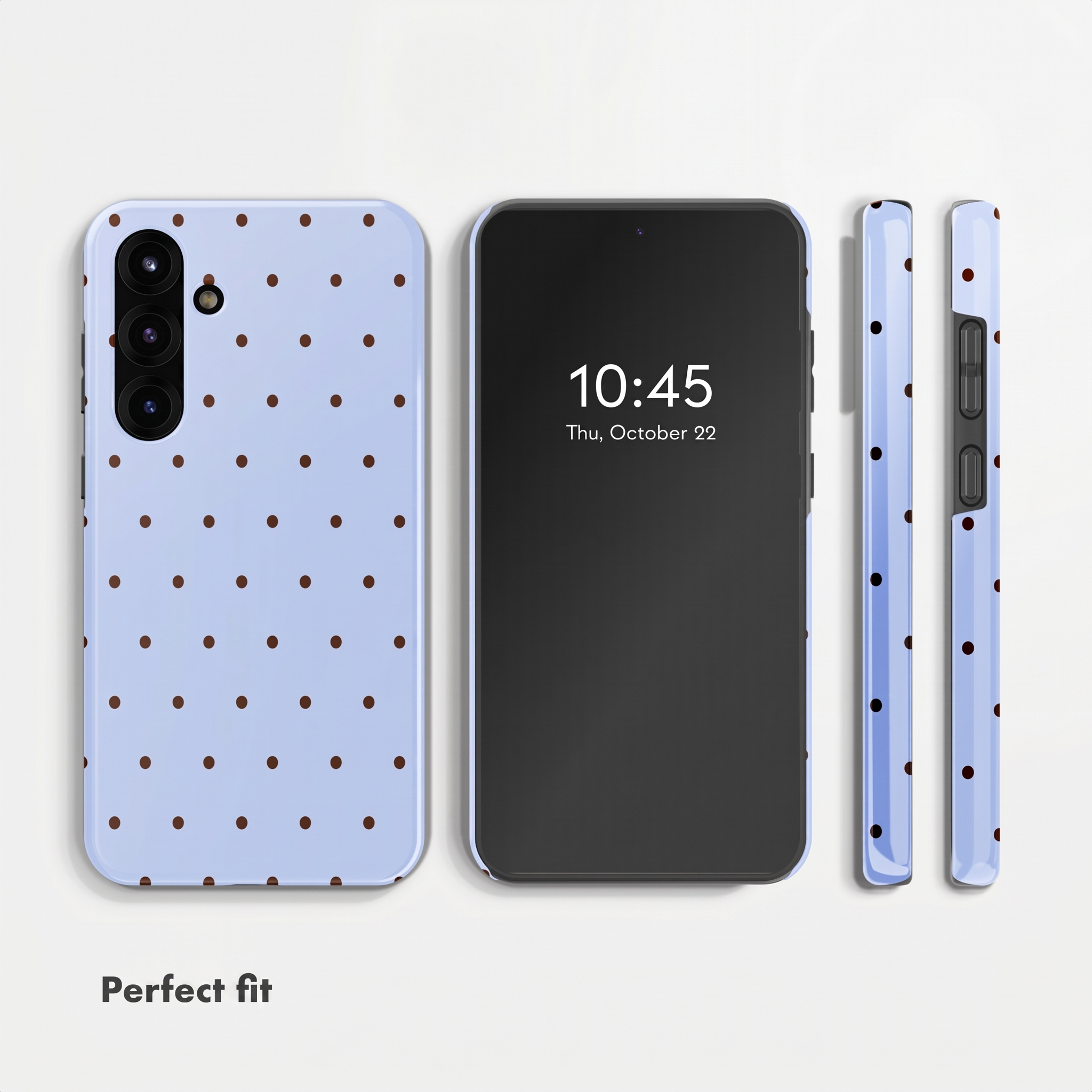 Ein blaues Smartphone mit braunen Punkten auf der Hülle, Vorder- und Rückseite gezeigt.