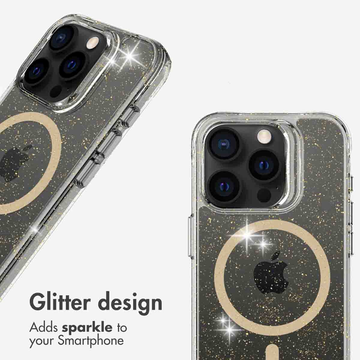 Glitzerndes Smartphone-Case mit MagSafe-Ring und Apple-Logo, klare Schutzhülle mit Funkeln.