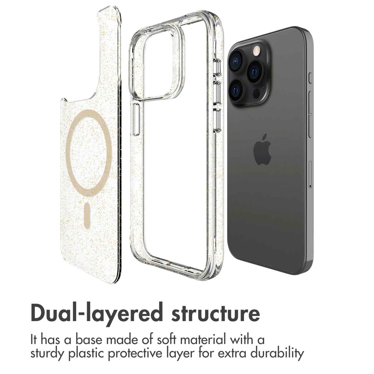 Glitzernde transparente Schutzhülle neben einem Smartphone.