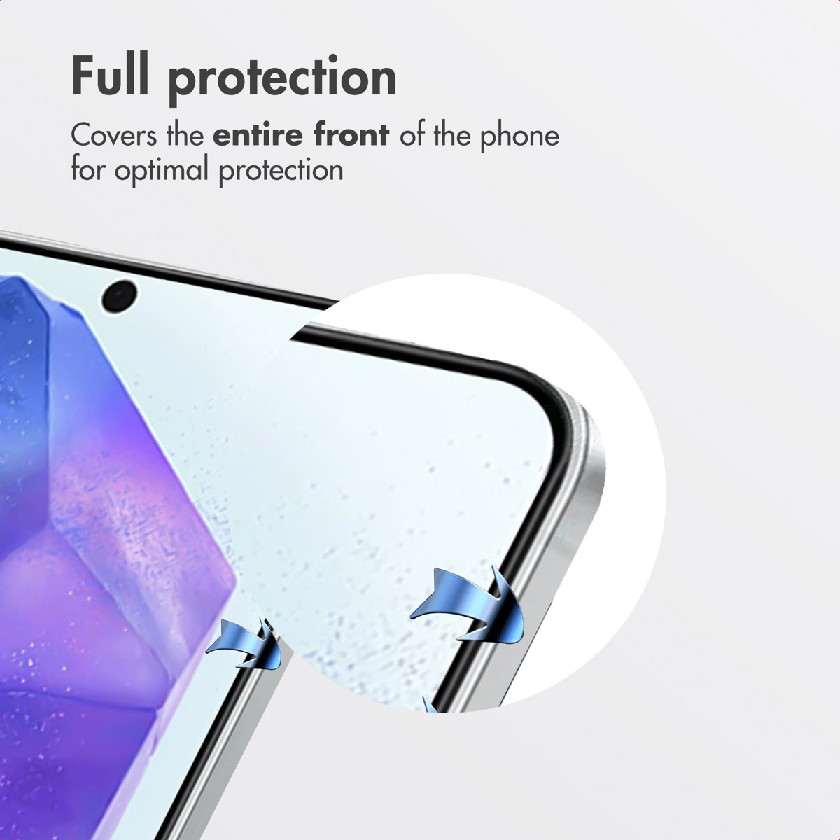 Testo "Full protection" con primo piano di uno schermo di telefono con pellicola e frecce.