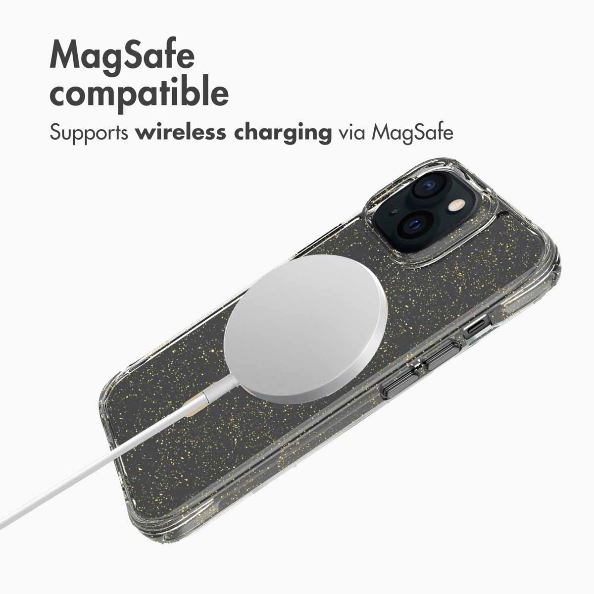 MagSafe-compatibel hoesje met gouden glitter en een witte draadloze lader op de achterkant.