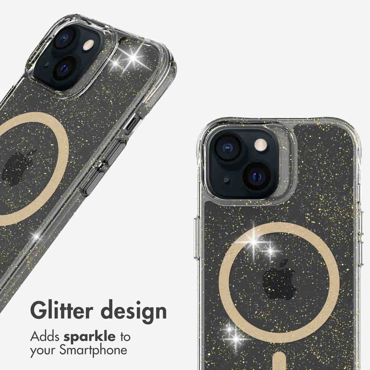 Twee zwarte glitter telefoonhoesjes met gouden MagSafe ring en glitters, op een witte achtergrond met tekst.