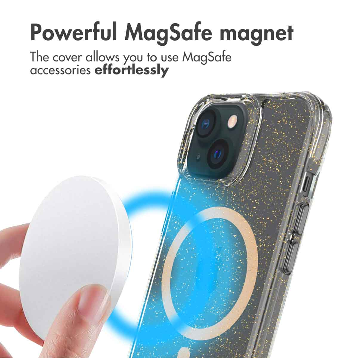 Glitter telefoonhoesje met MagSafe magneet naast een wit accessoire.