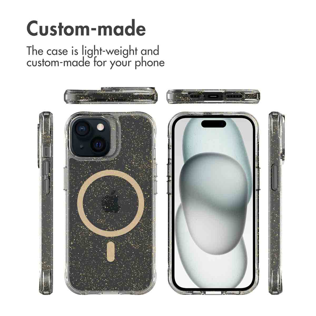 Lichtgewicht, op maat gemaakte telefoonhoes met glitterontwerp en MagSafe-ring.