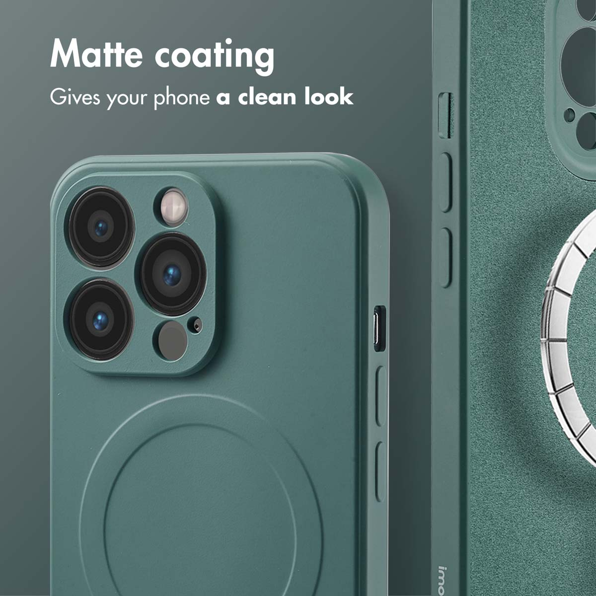 Una custodia per smartphone verde con rivestimento opaco mostra fotocamera e tasti.