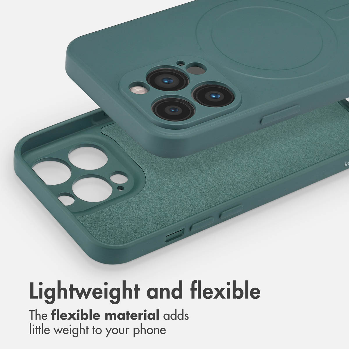 Una custodia verde per smartphone con ritagli per fotocamera su sfondo bianco con testo.