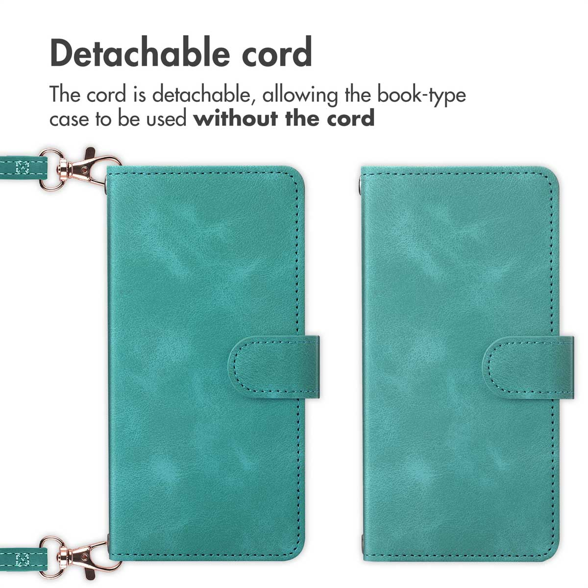 Teal book-type phone case shown with a detachable strap.