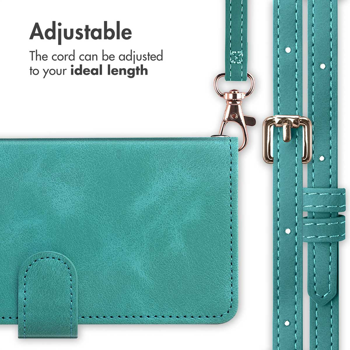 Turquoise phone case with adjustable strap and rose gold metal hardware.