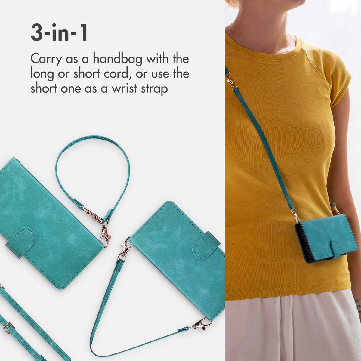 A woman wears a blue crossbody phone case; detail shots show short and long straps for versatile carrying.