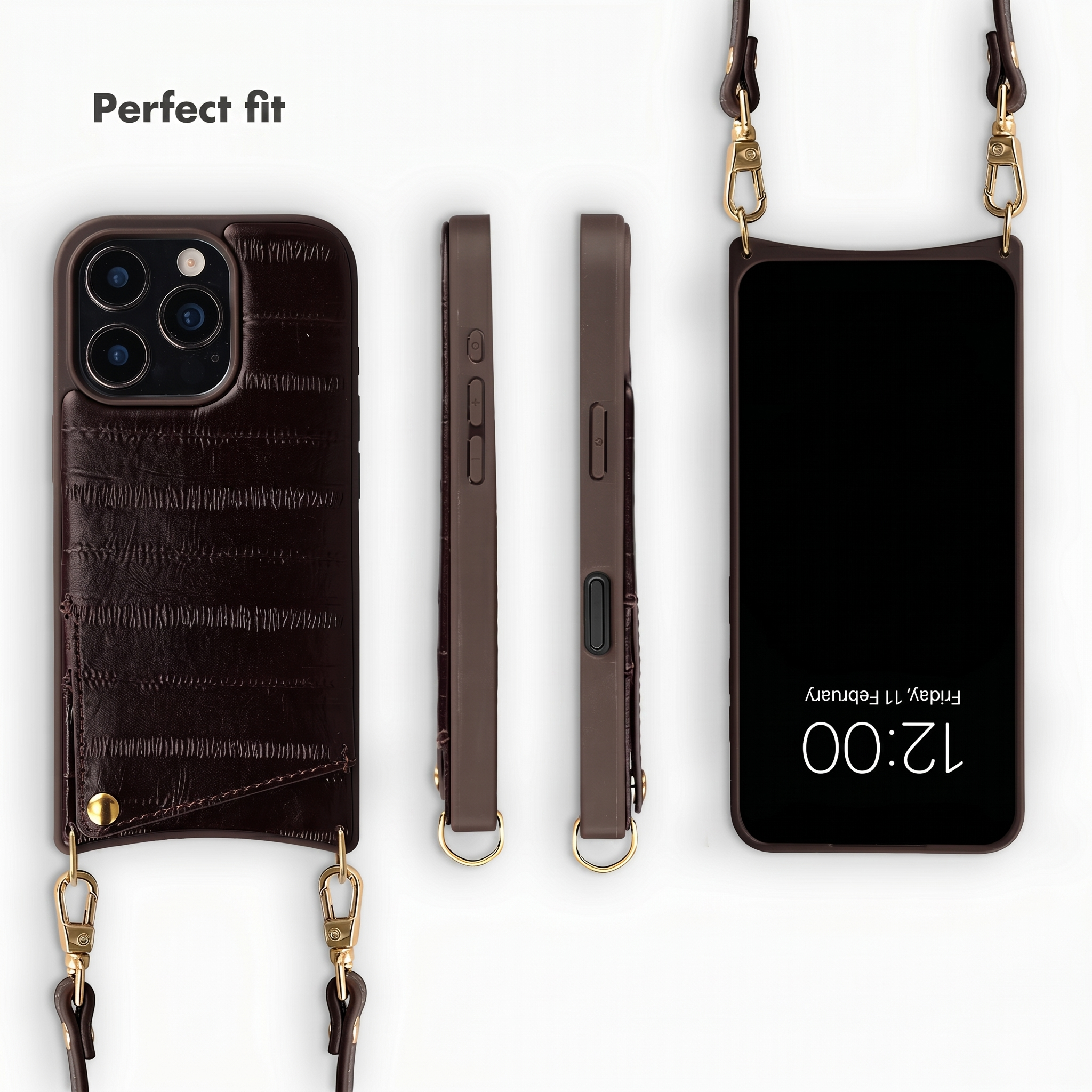 Coque de téléphone marron façon croco avec lanière, vue de face, de dos et de côté.