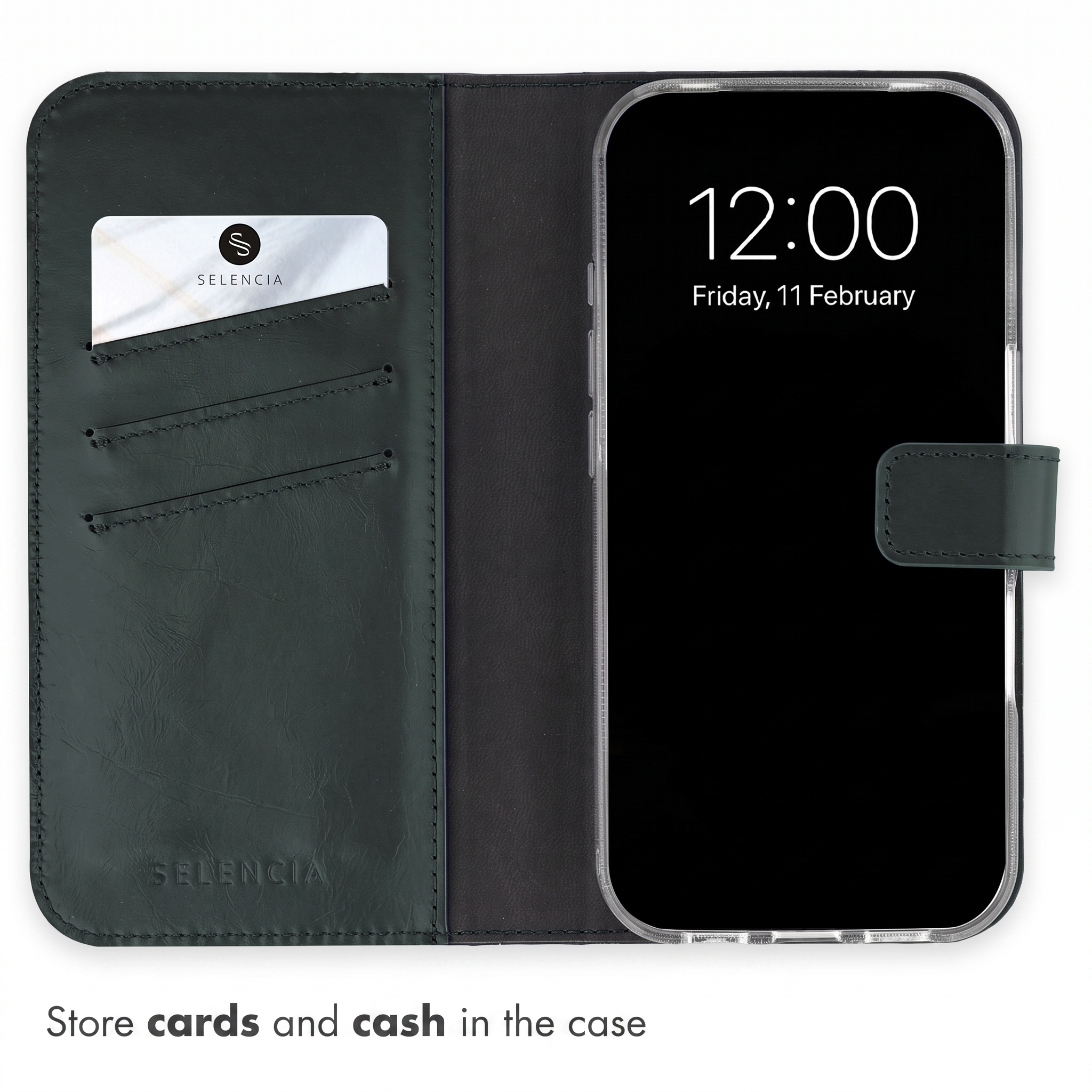 Black leather phone case with card slots on the left and a smartphone on the right.