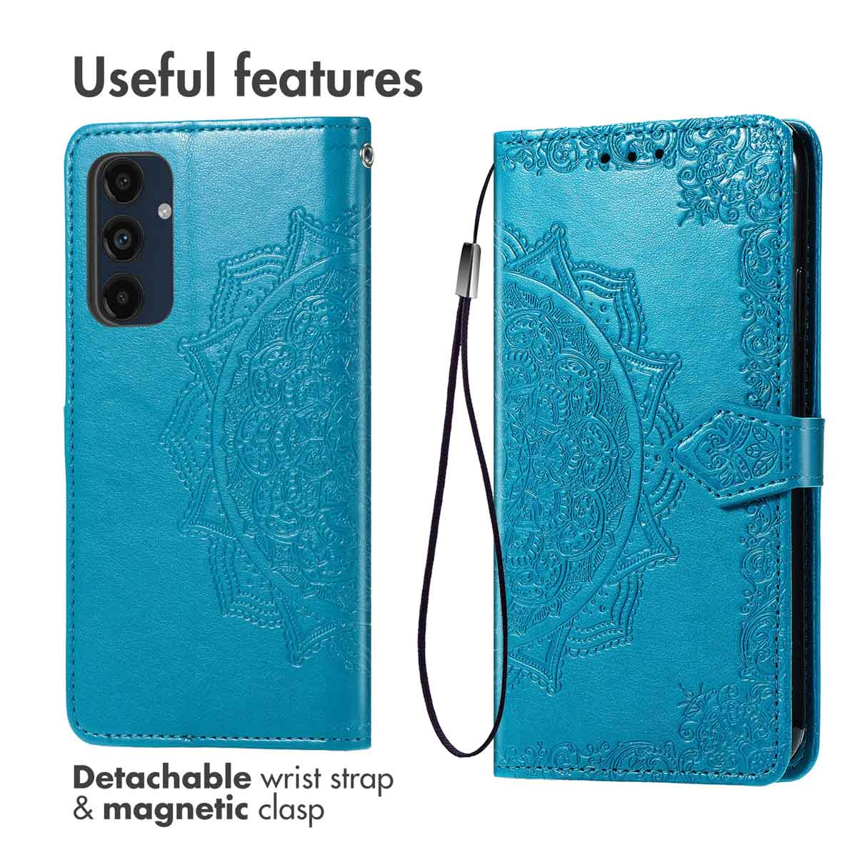Blauwe lederen telefoonhoes met mandalapatroon en magneetsluiting.