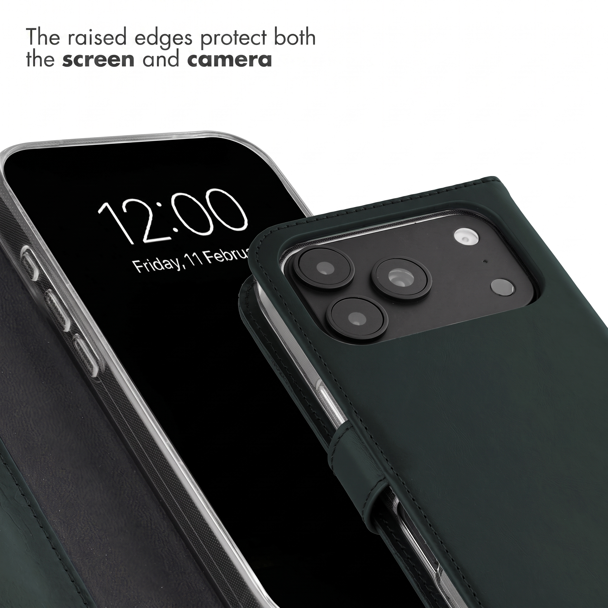 Raised edges protect the screen and camera of a dark green smartphone.