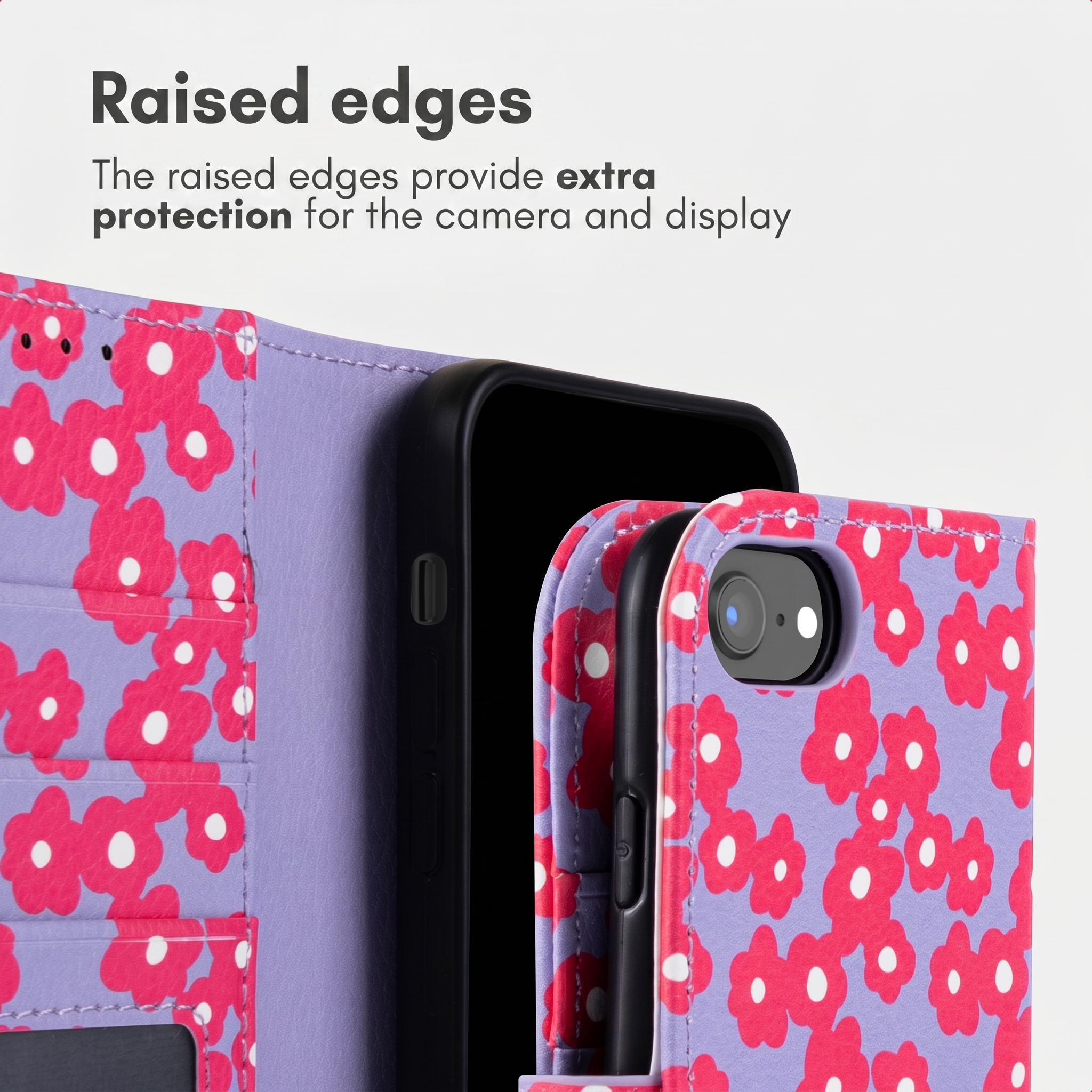 Custodia viola con fiori rossi e bordi rialzati per proteggere fotocamera e display.