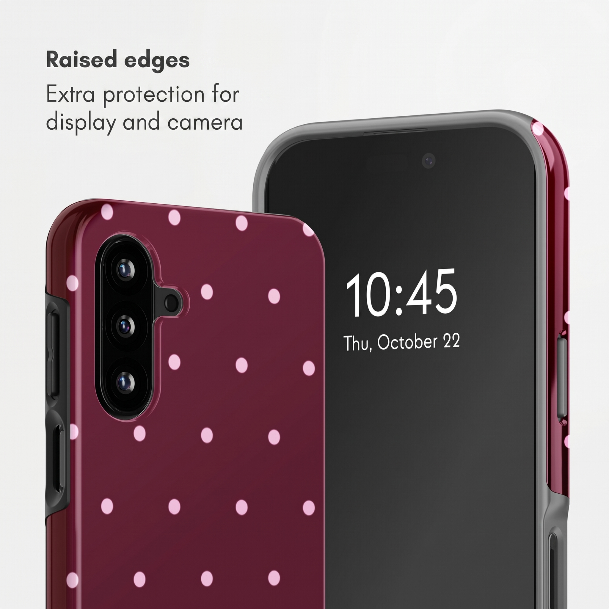 Weinrote Smartphone-Hülle mit rosafarbenen Punkten und erhöhtem Kantenschutz.