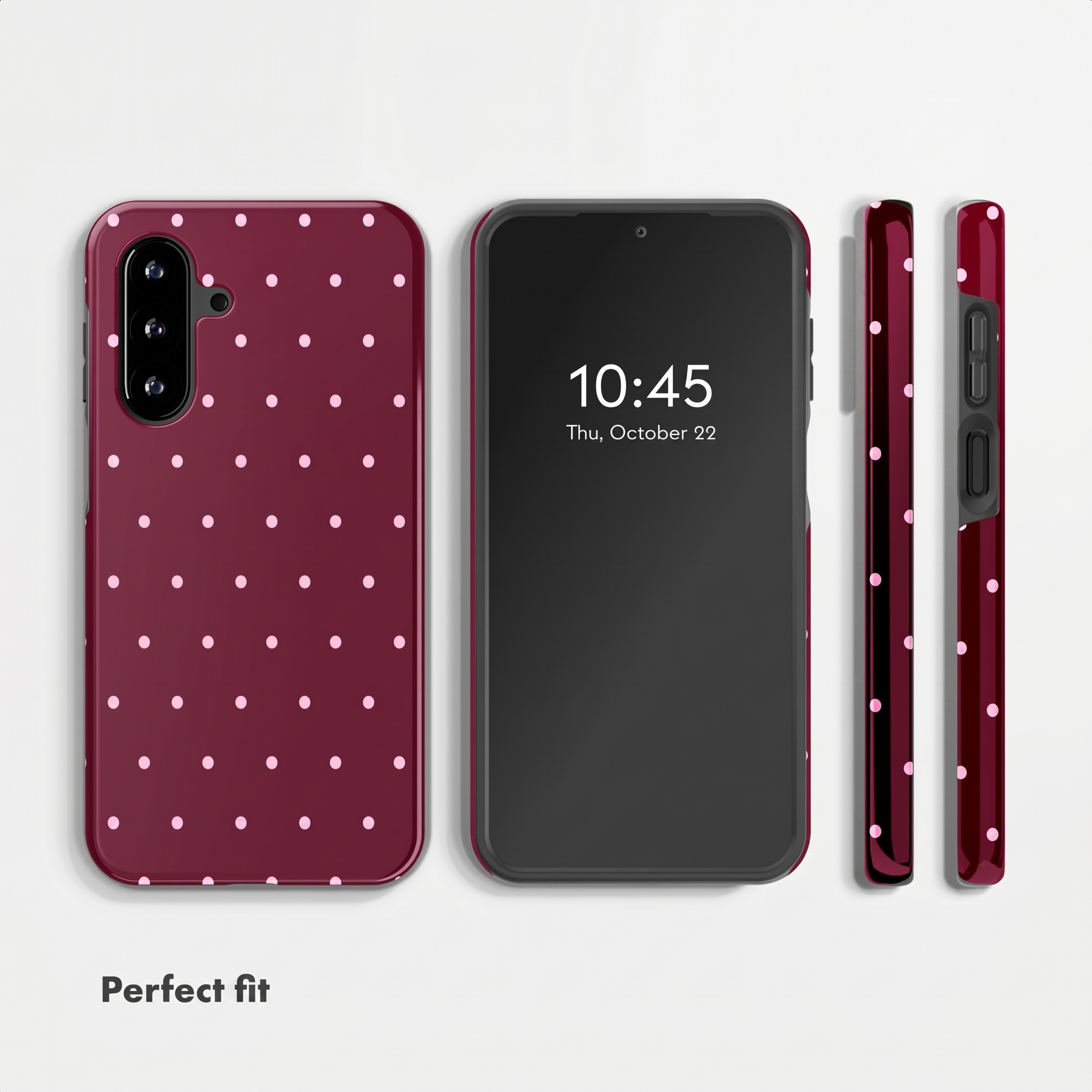 Ein Smartphone mit dunkelroter Hülle und rosa Punkten, von hinten, vorne und der Seite gezeigt.