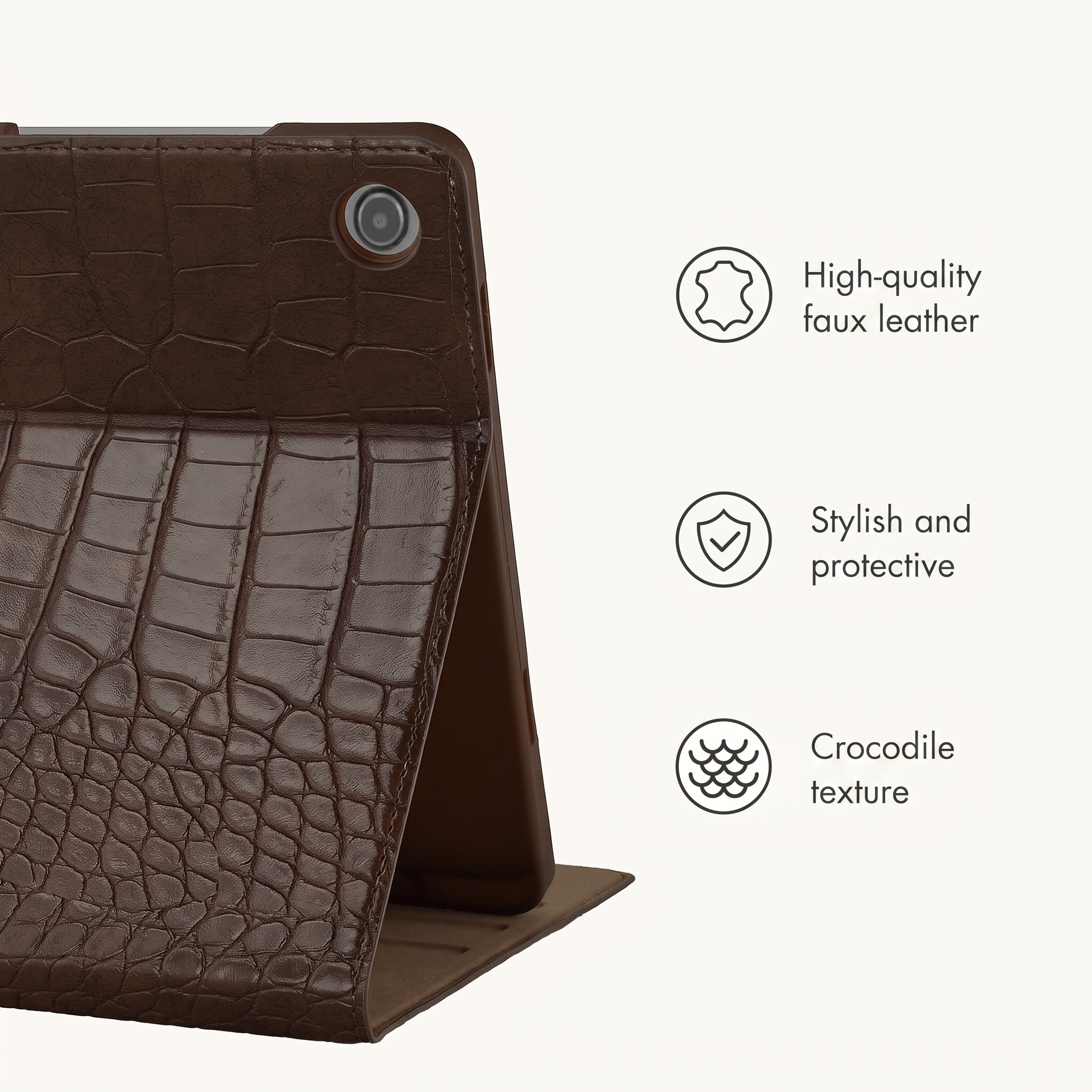 Étui pour tablette marron avec texture crocodile et texte.