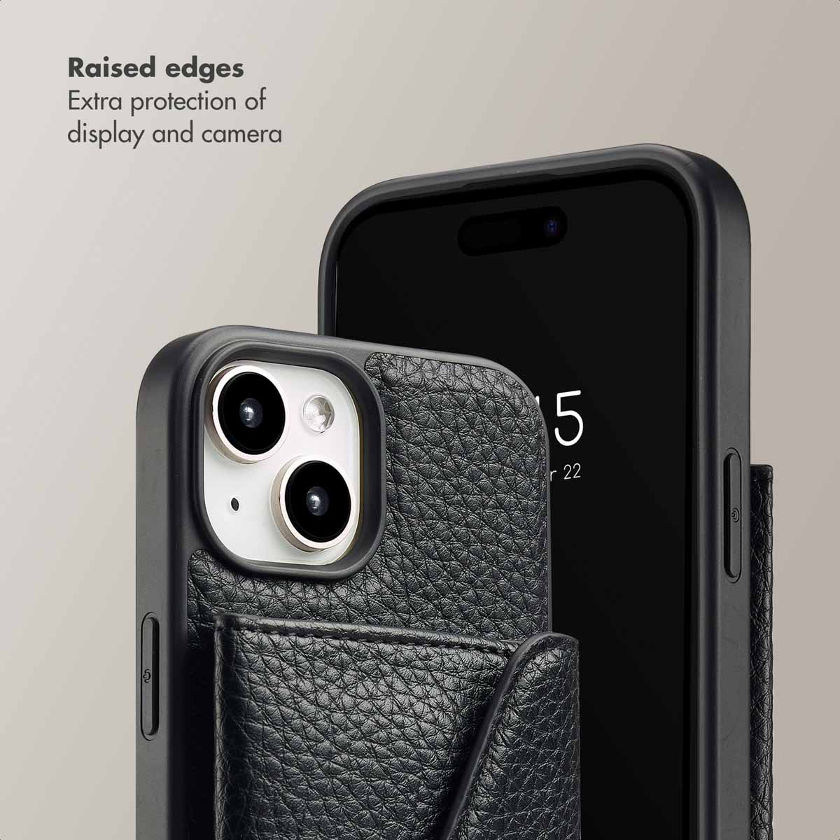 Zwarte telefoonhoesjes met gestructureerd leer, kaarthouder en opstaande randen voor scherm- en camerabescherming.