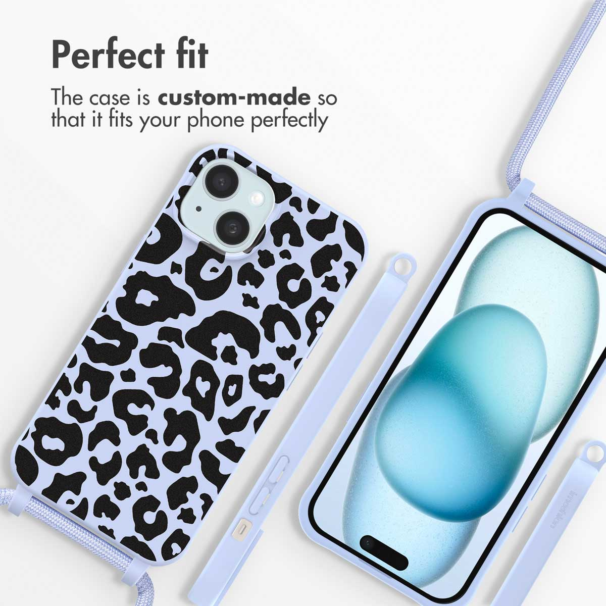 Custodia per telefono con stampa leopardata nera su sfondo blu lavanda e una custodia con tracolla.