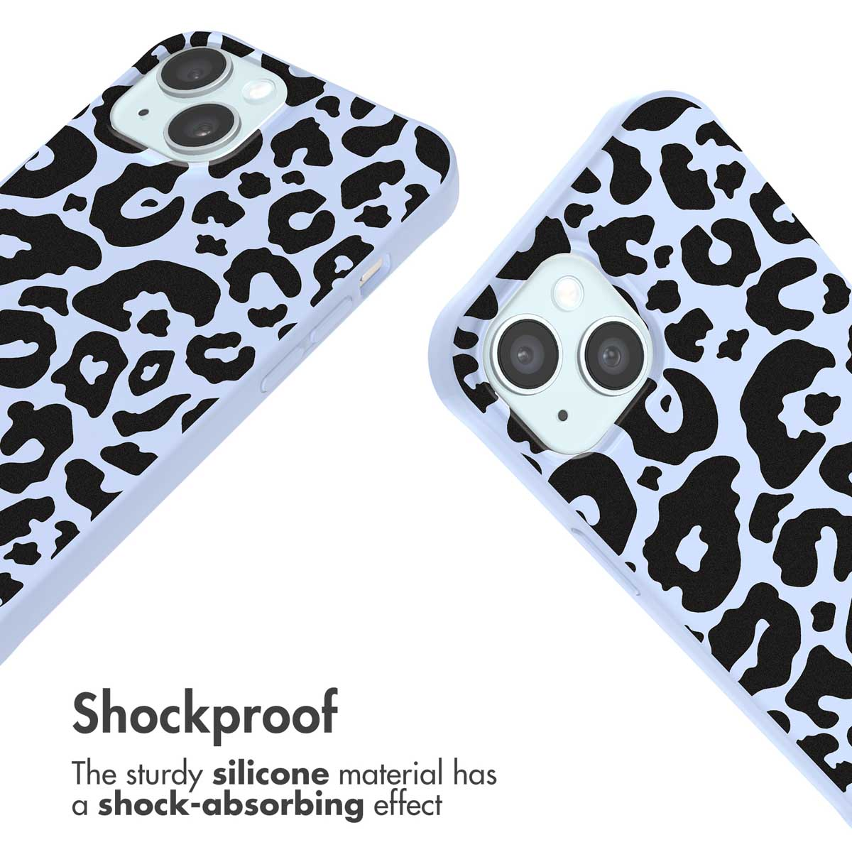 Due custodie per telefono azzurre con stampa leopardata nera e ritagli per fotocamera su sfondo bianco con testo.