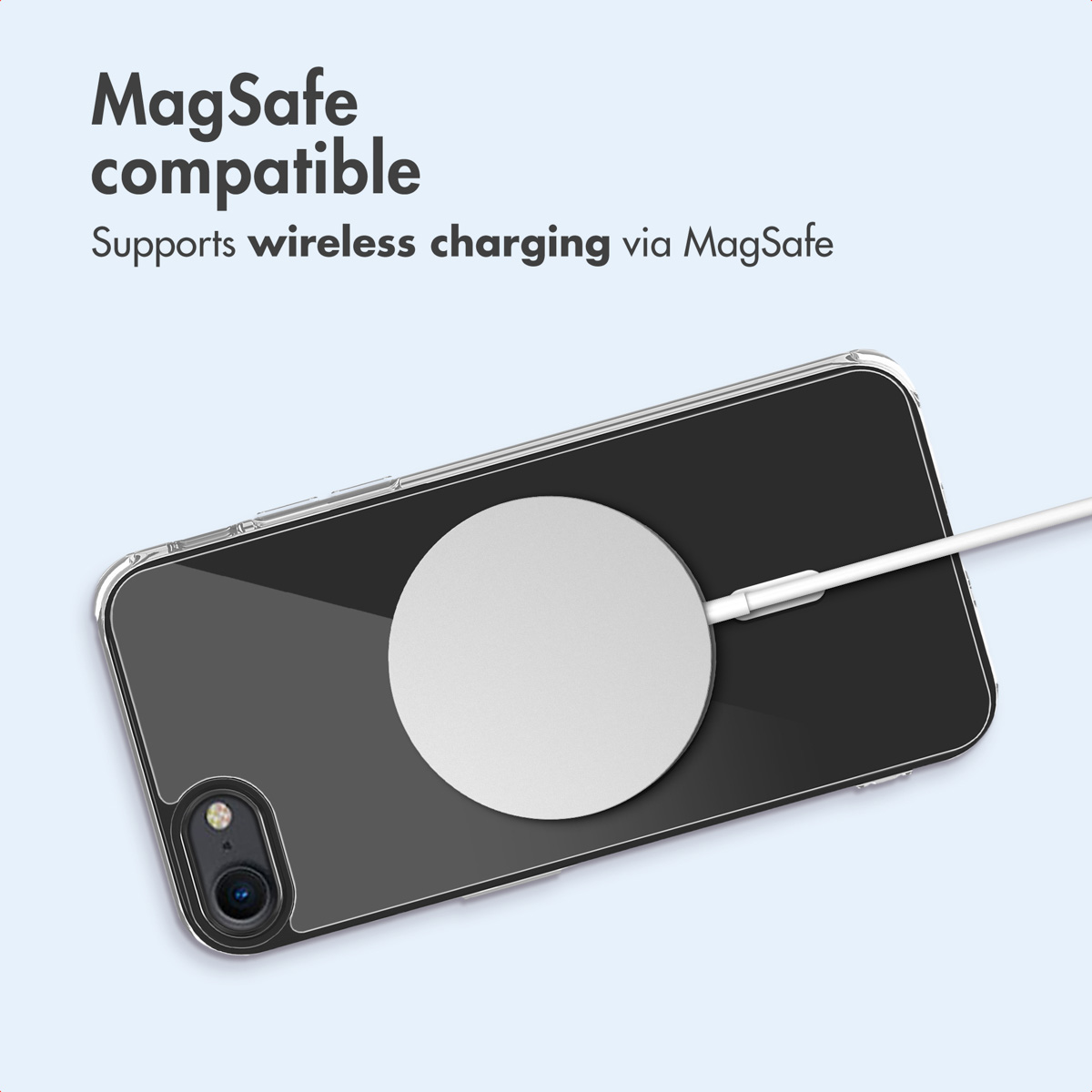 Funda de teléfono compatible con MagSafe y cargador magnético circular, texto MagSafe compatible.