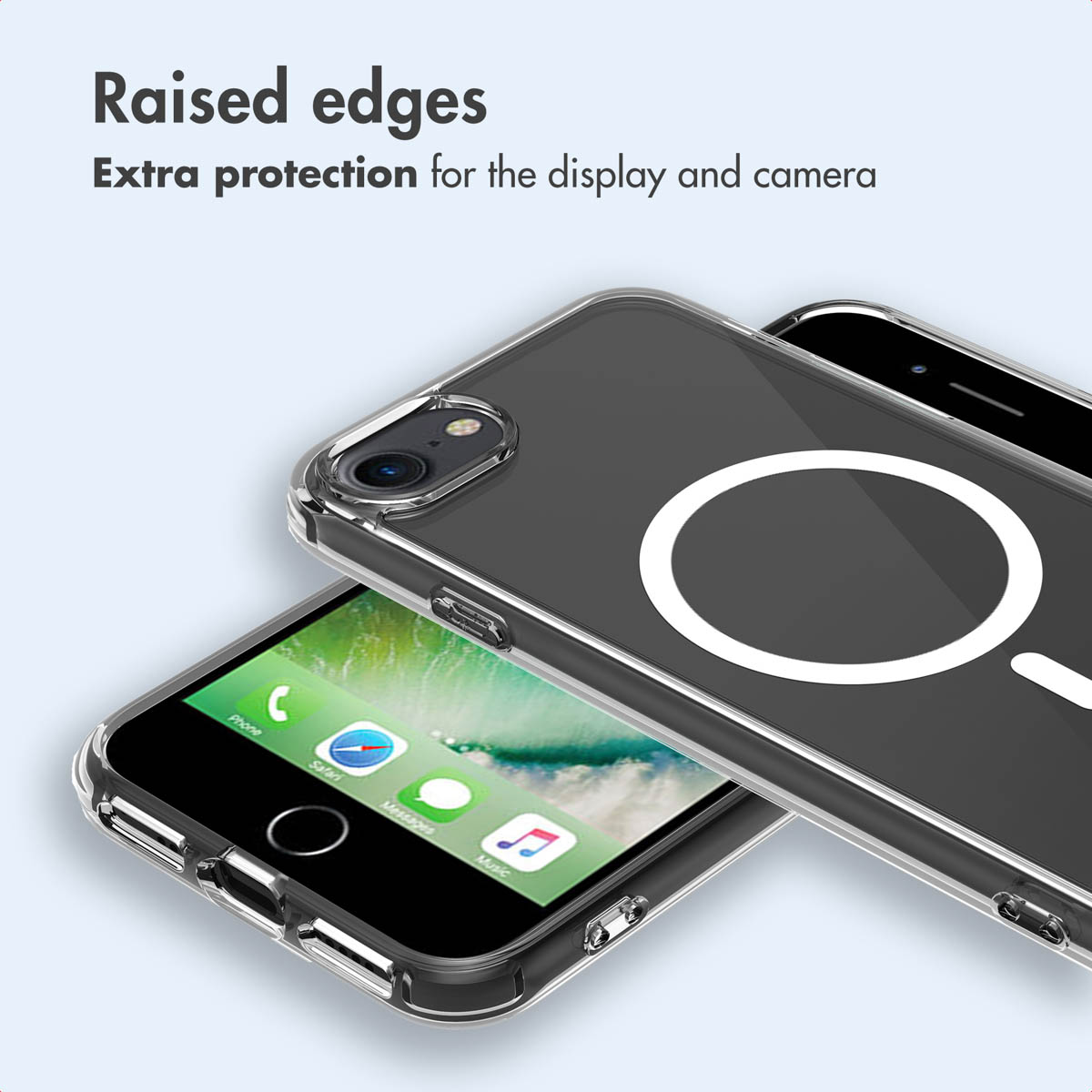 Funda transparente para móvil con anillo MagSafe y protección.