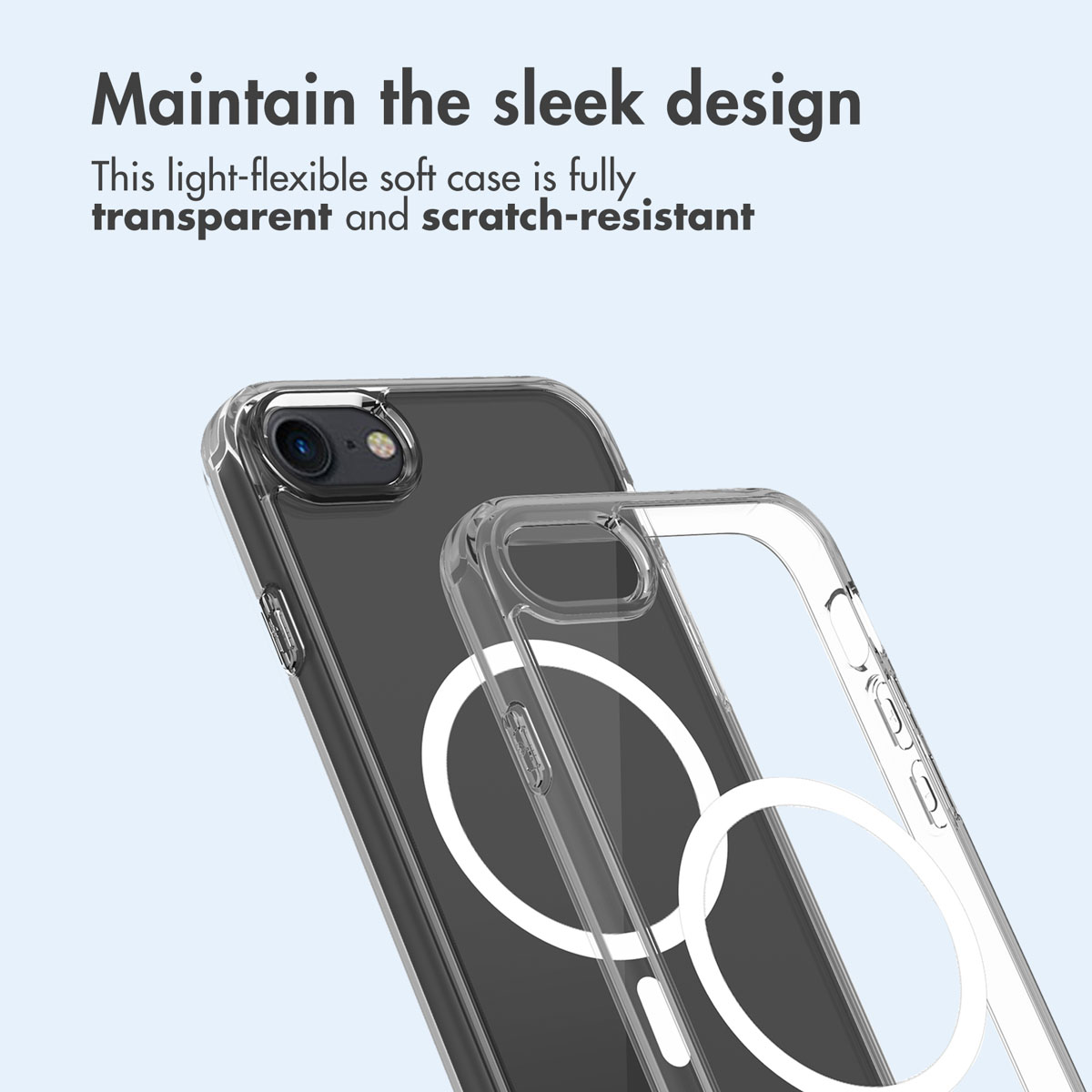 Una funda de móvil transparente y flexible con anillo MagSafe, diseñada para ser resistente.