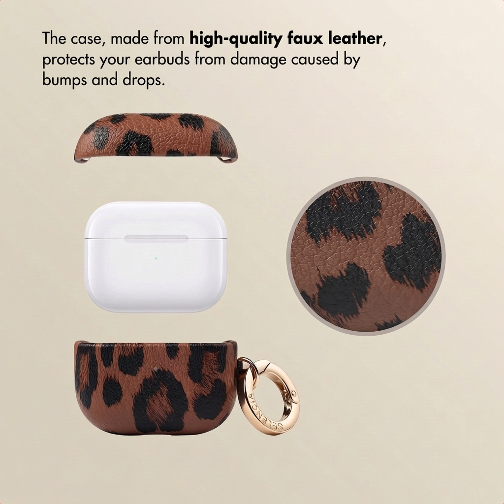 Funda de cuero con estampado de leopardo para auriculares, con anillo dorado y detalle.