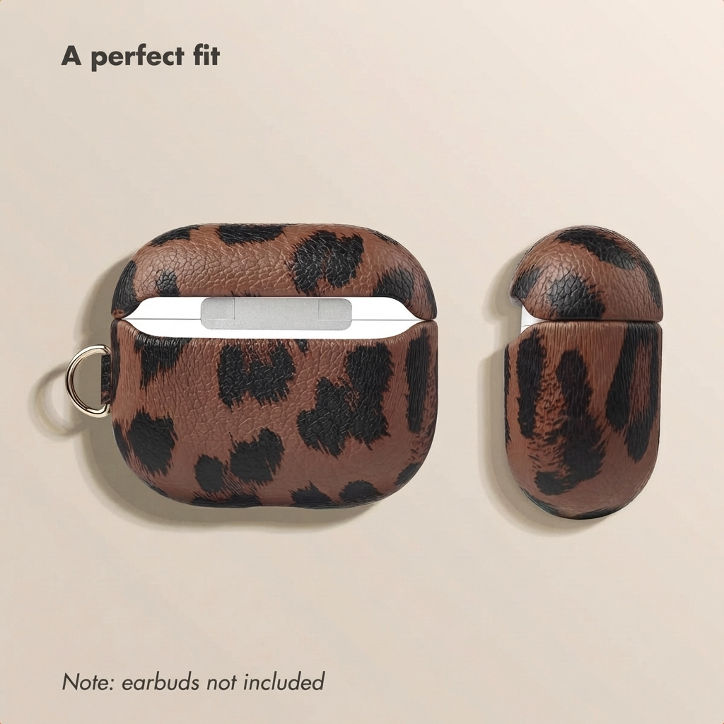 Estuche para AirPods con estampado de leopardo sobre fondo claro con texto.