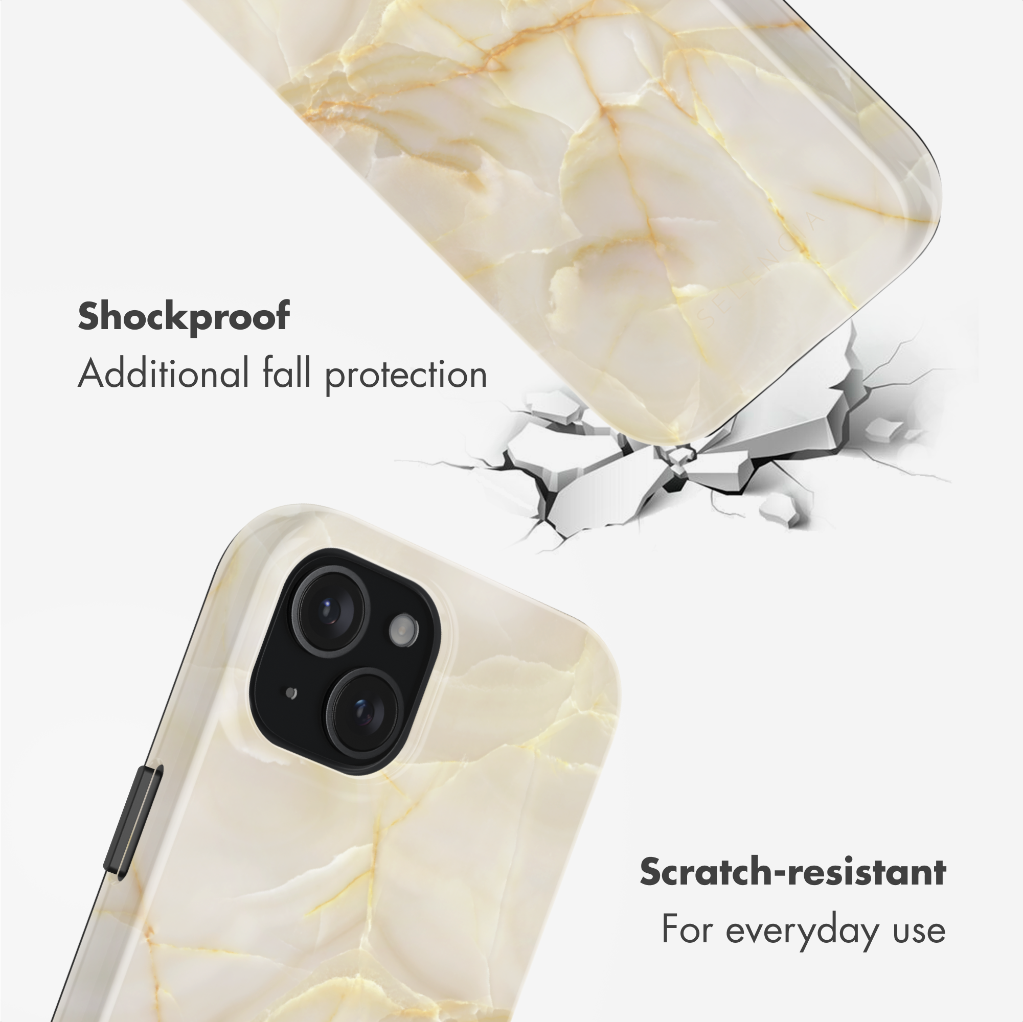 Custodia per telefono in marmo antiurto con design antigraffio su sfondo bianco.