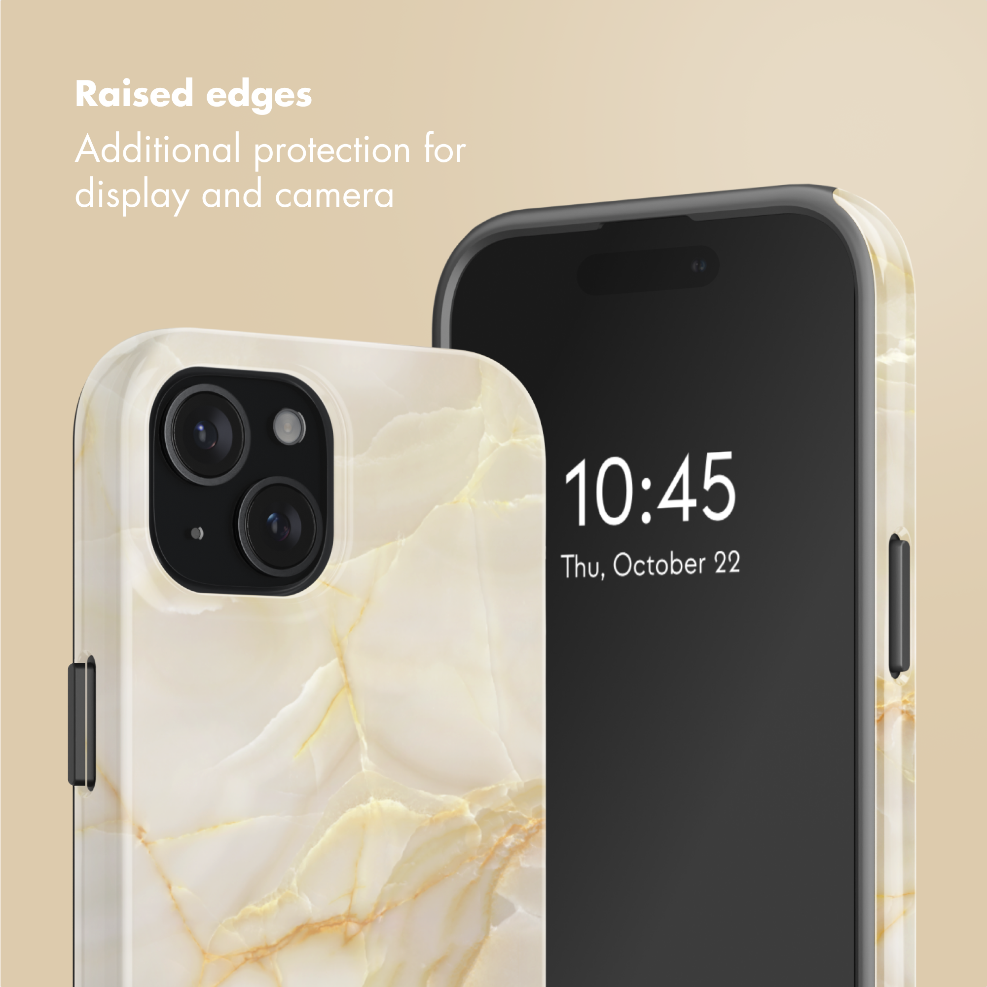 Due smartphone con design in marmo beige e testo sui bordi rialzati.
