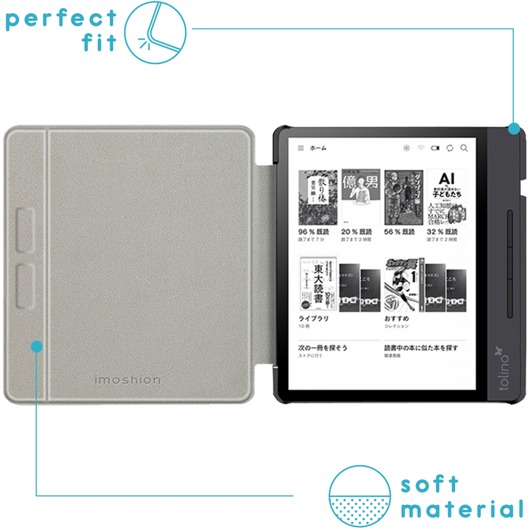 E-reader in grijze hoes met e-ink scherm en boekomslagen.
