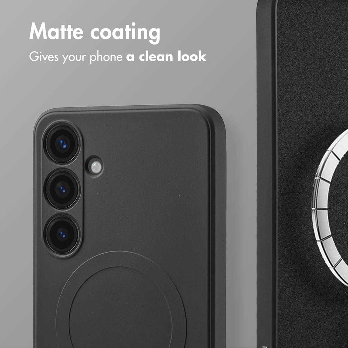 Coque de smartphone noire avec revêtement mat et trois objectifs de caméra.