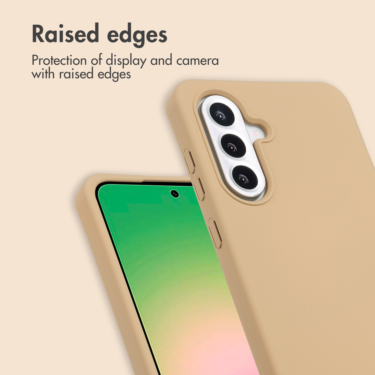 Coque de téléphone beige avec bords surélevés protégeant l'appareil photo et l'écran.