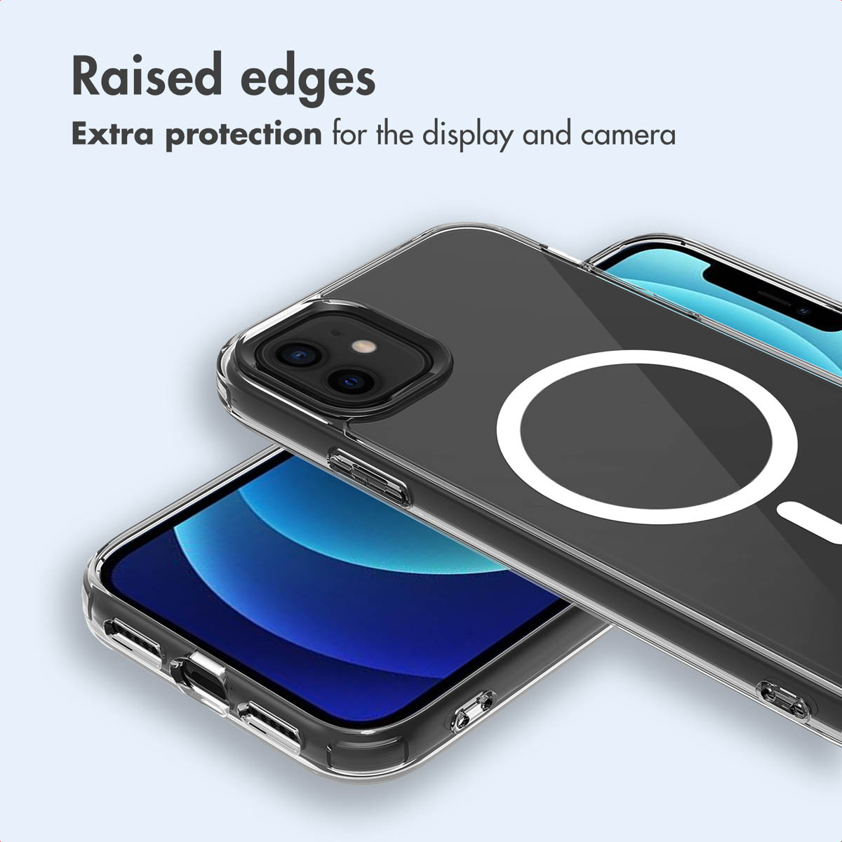 Custodia trasparente su un iPhone che mostra bordi rialzati per proteggere fotocamera e schermo.