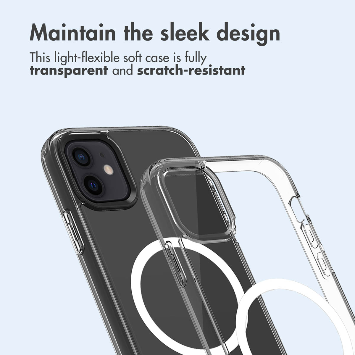 Una custodia MagSafe trasparente su un telefono scuro, con testo sul design elegante.