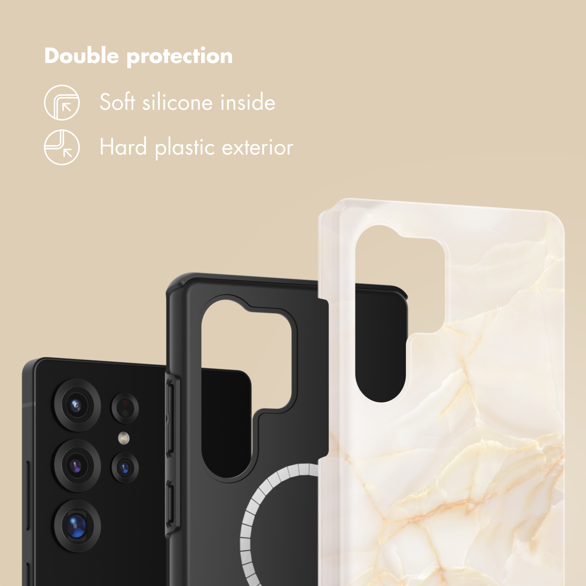 Un'immagine che illustra la doppia protezione con silicone morbido interno e plastica dura esterna.