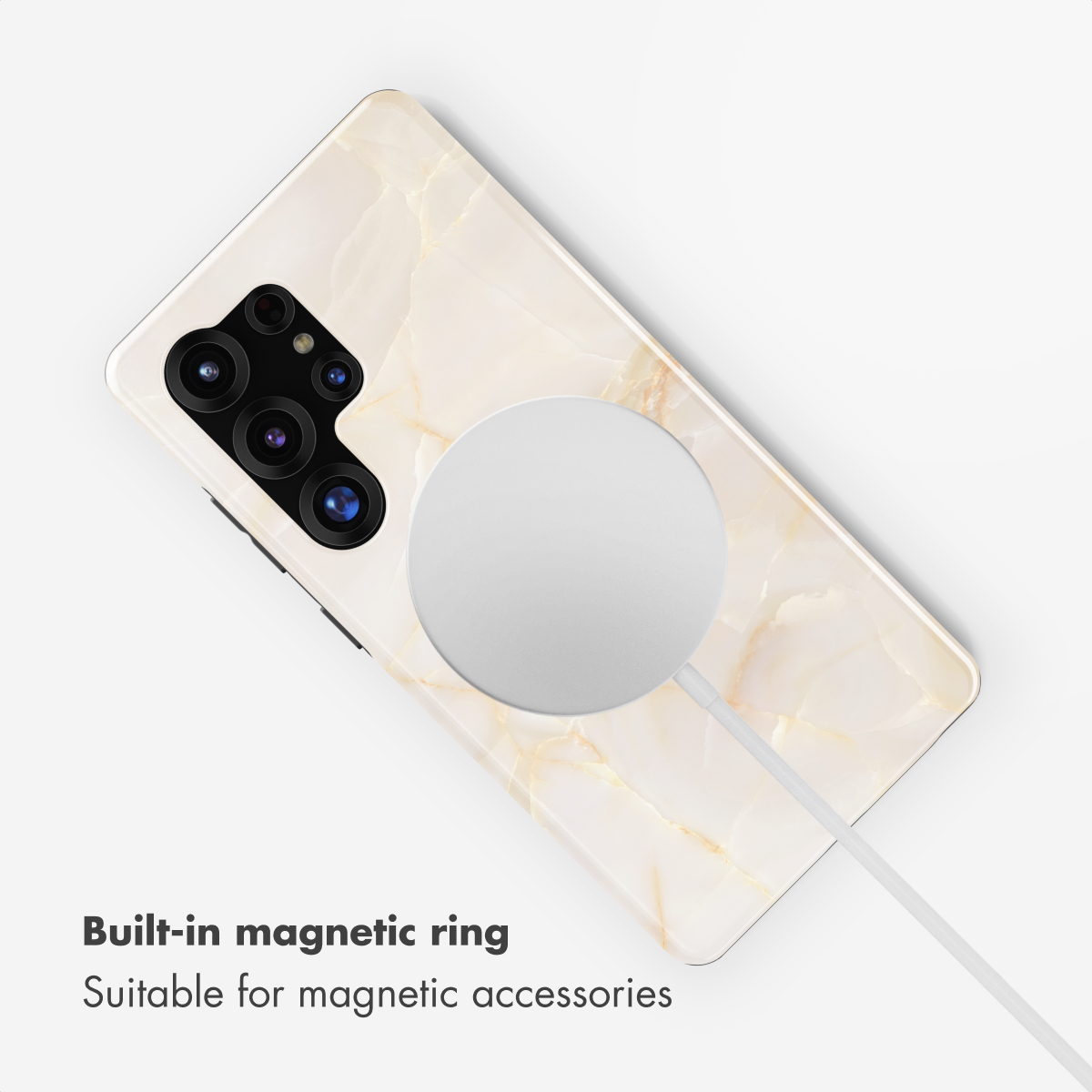 Custodia per telefono in marmo con anello di ricarica magnetico bianco.