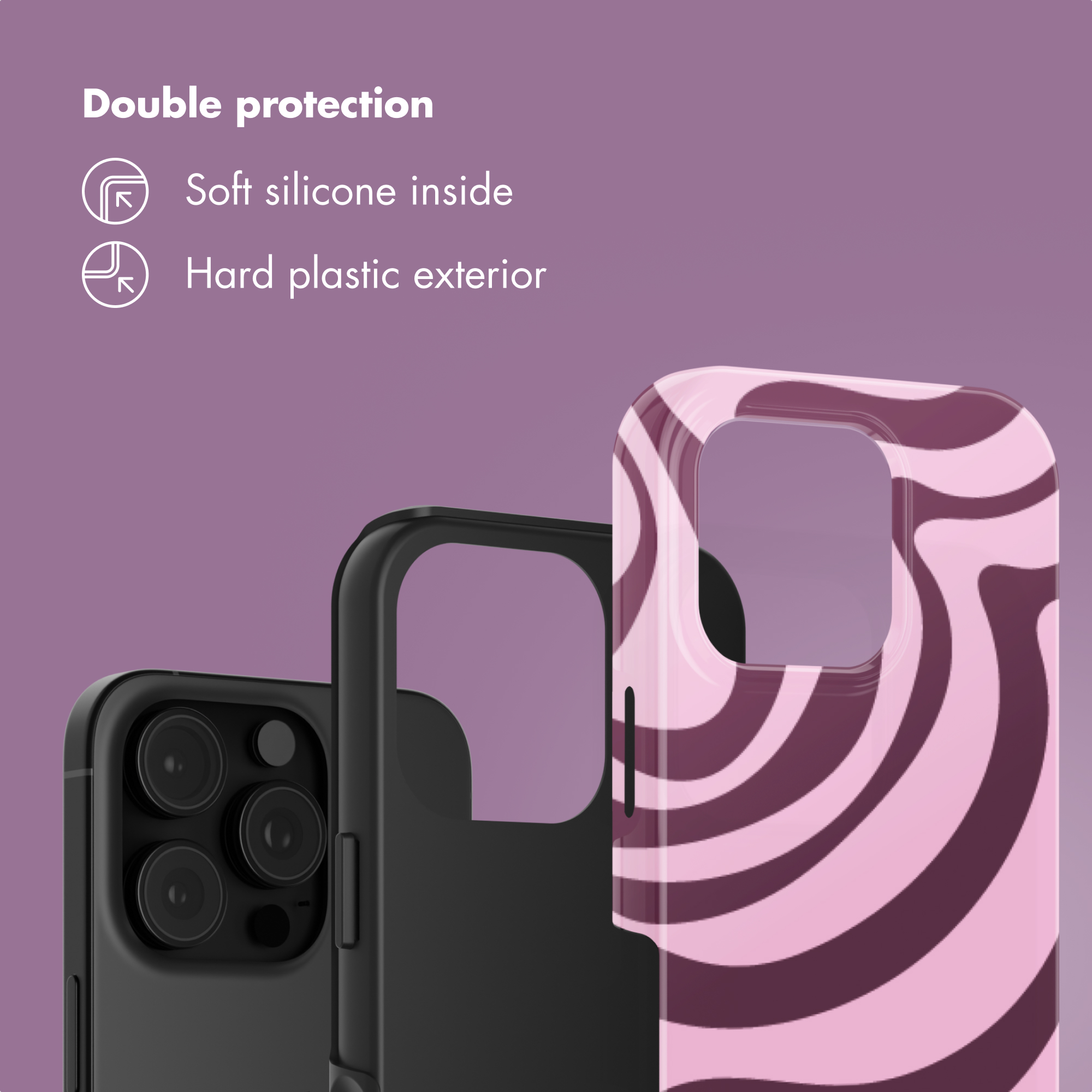 Una cover ha silicone morbido all'interno e plastica rigida all'esterno, con testo e icone su sfondo viola.