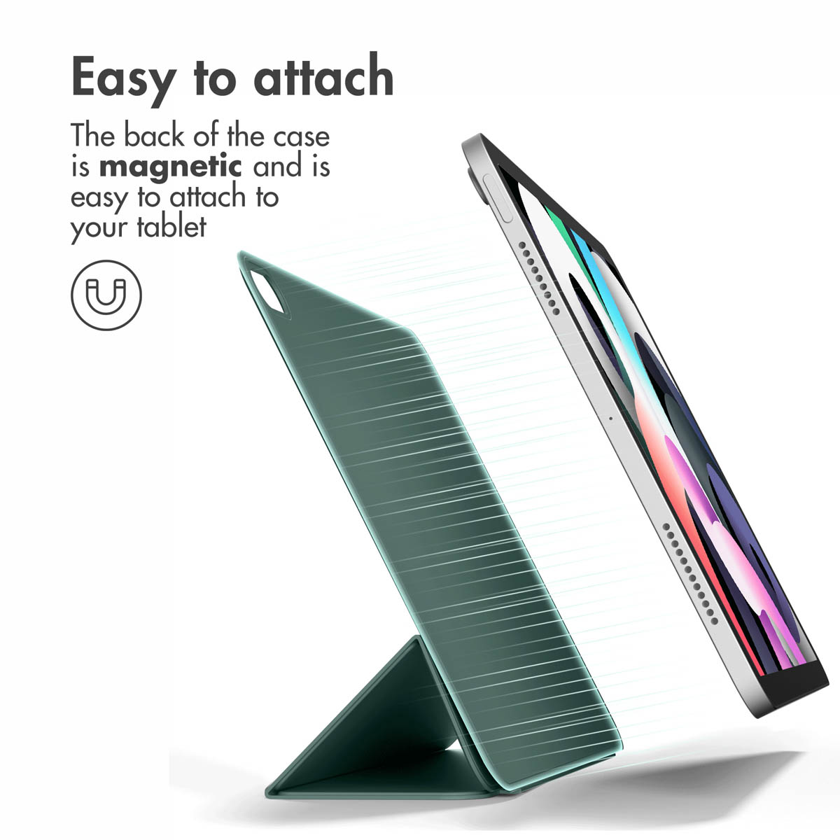 A green magnetic tablet case shown floating as it attaches to a tablet.