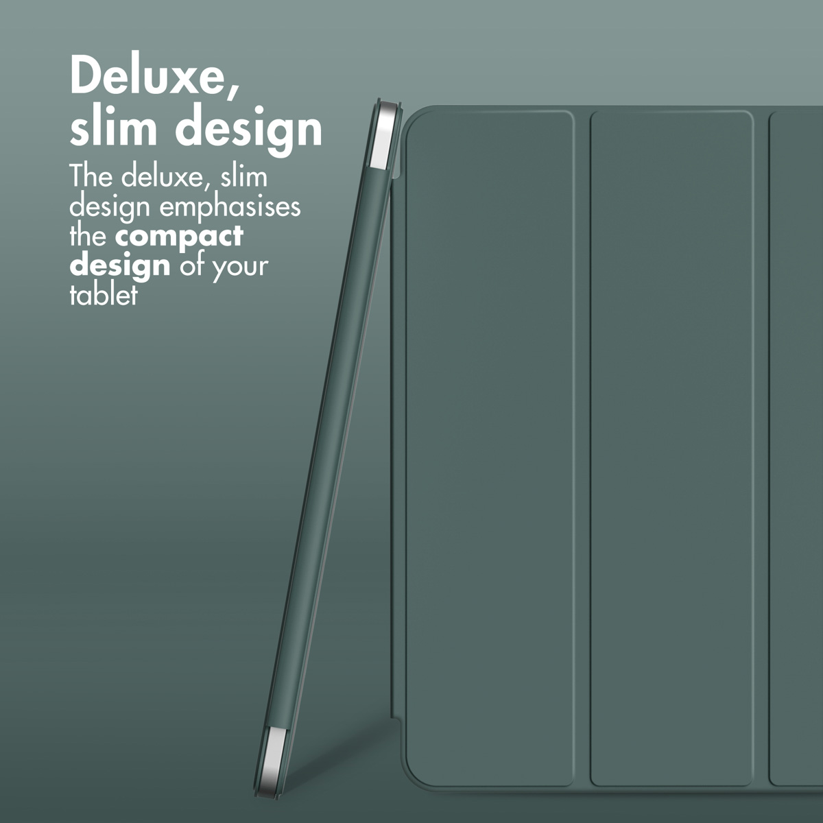 Un étui de tablette vert et fin avec du texte à gauche décrivant son design.