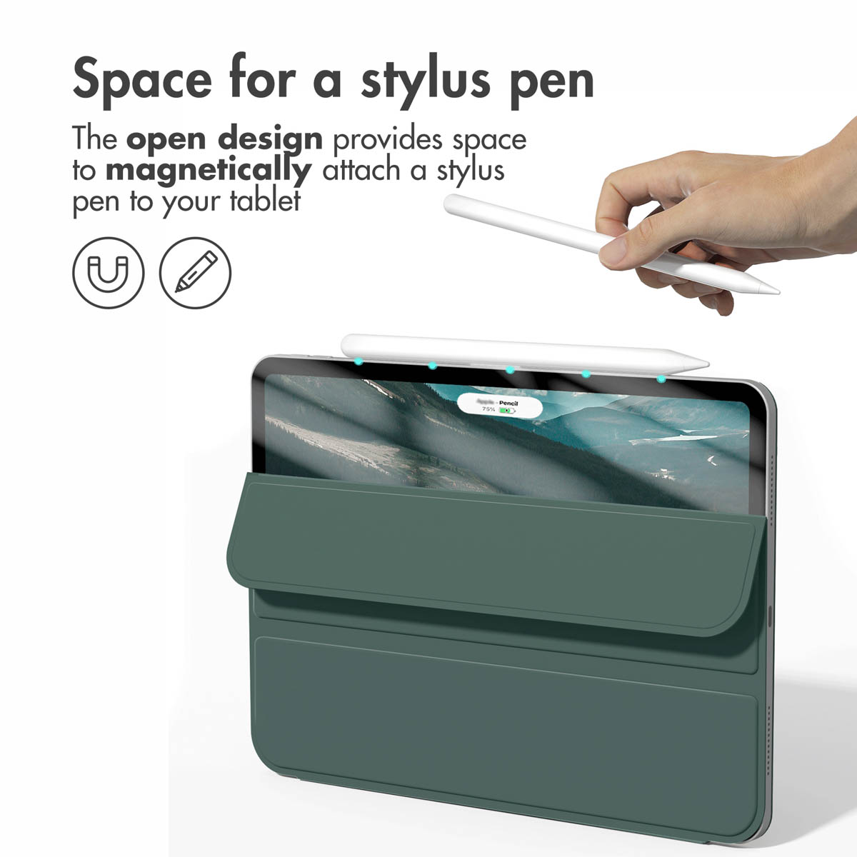Hand magnetically attaches a white stylus to a tablet case.