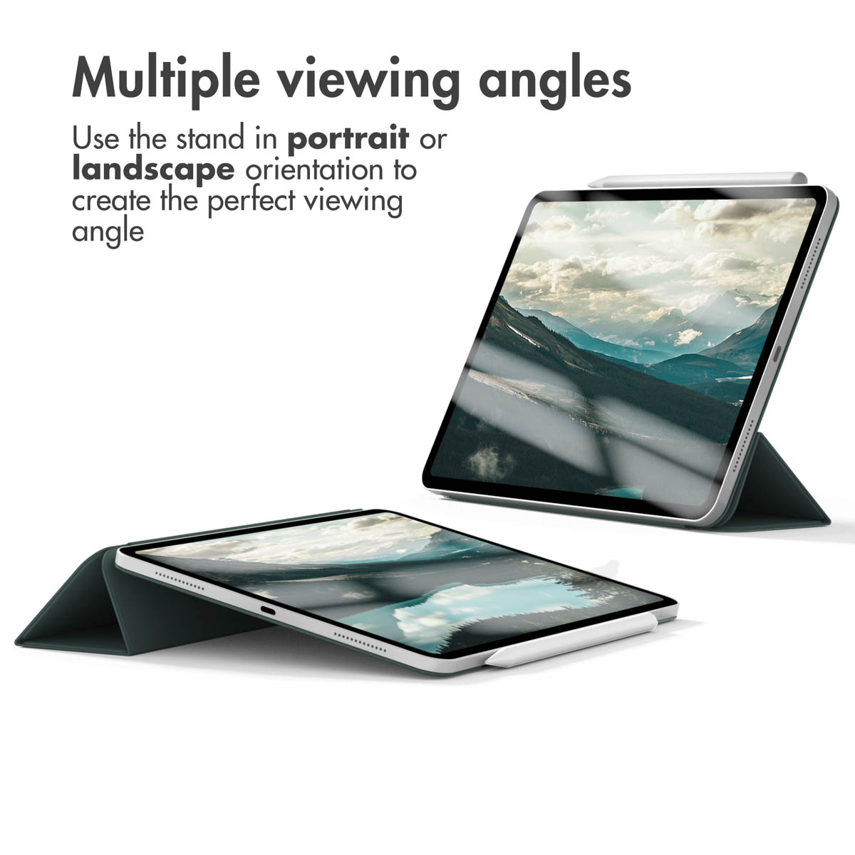 Two tablets in green folding stands, shown in vertical and horizontal orientations with landscape wallpapers.